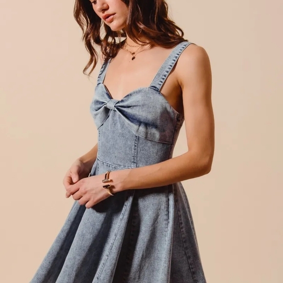 SO ME Mineral Washed Bow Ribbon Denim Flare Dress - Picture 2 of 4